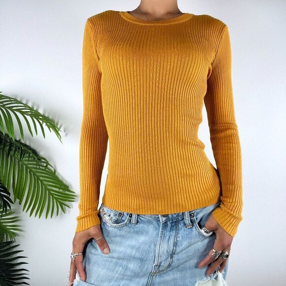 ModCloth Mustard Boho Cottagecore Ribbed Knit Long Sleeve Fitted Sweater Top /XS - Picture 4 of 7